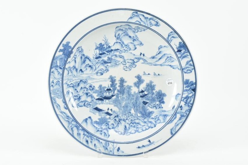 Chinese blue and white serving platter with coastal