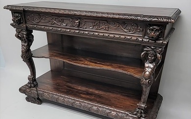 Circa 1880's Heavily Carved Old Man of the Mountain Mahogany Console Table with a drawer . Hgt. 40"