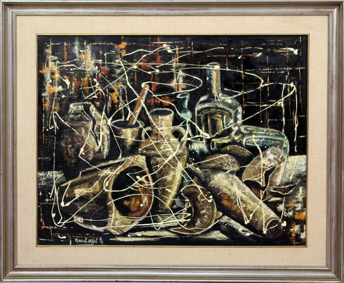 Composizione con bottiglie e vasellame, olio su tavola, cm. 63x79, entro cornice., Andres Montani (1918 - 2002)