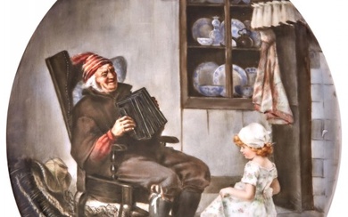 Continental Hand-Painted Porcelain Oval Plaque of an Old Man with Accordion and Young Dancing Girl
