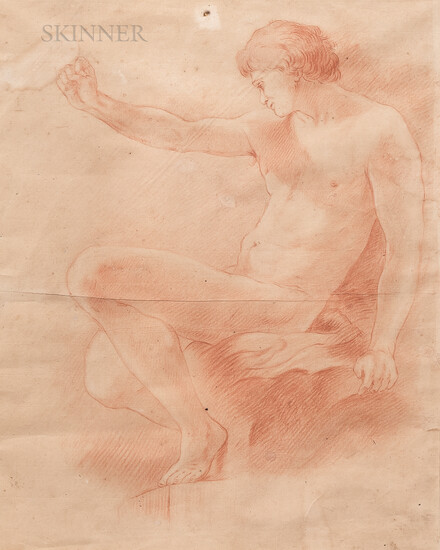 Continental School, 19th Century Seated Male Nude, Right Arm Raised.
