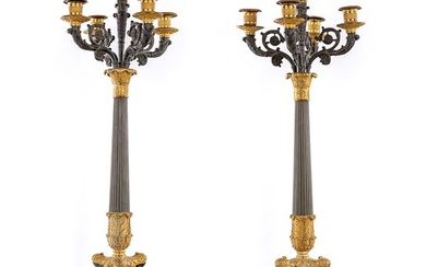 Coppia di candelabri in bronzo brunito e dorato a cinque luci, XIX secolo
