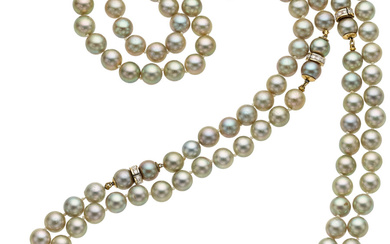 Cultured Pearl, Diamond, Gold Convertible Necklaces Stones: Single-cut diamonds...