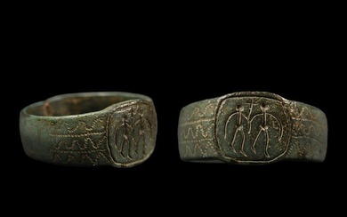 Dark Age Bronze Ring with Two Figures and Cross