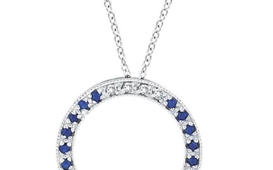 Diamond and Blue Sapphire Circle Pendant Necklace 14k White Gold