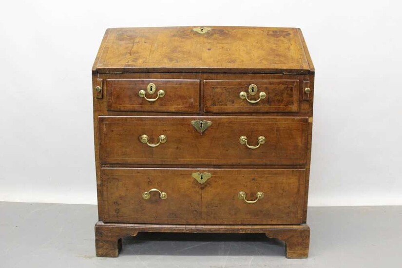 Early 18th century walnut feather banded bureau, with two over two long drawers, 85cm wide