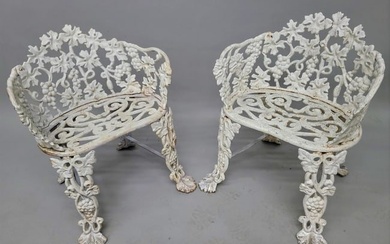 Early 20th Century cast iron Pair of Grape & Leaf Garden Chairs - hgt 26" w 22 d 17". Found in