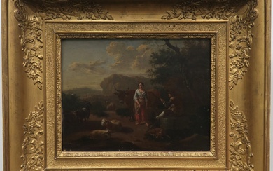 Ecole du Nord, XVIIIe siècle Bergers, vache, moutons et chèvre Huile sur panneau 19,8 x...