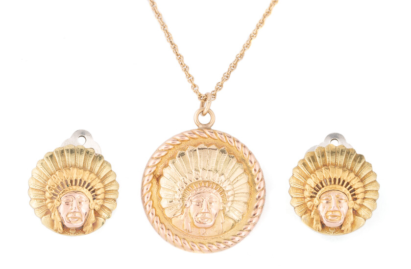 Edward H. Bohlin 3-color Gold Indian Head Necklace with Matching Clip-on Earrings