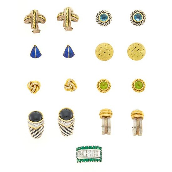 Eight Pairs of Gold, Metal, Gem-Set and Diamond Earrings and Ring