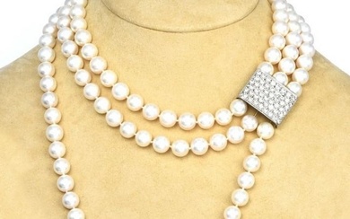 Estate Cluster Diamond Pearl Gold Clasp Three Strand Necklace