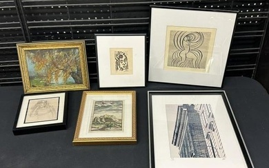 Estate lot (6) framed pieces of artwork to include - illegibly signed print of face, early hand