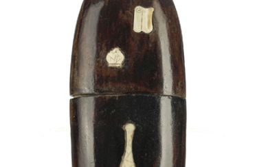 Etui à lunettes en bois, avec incrustations en os formant objets précieux, Chine, XIX-XXe s., l. 17 cm