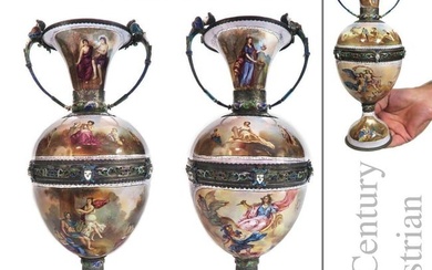 Exquisite Large Pair of Viennese Enamel Silver Vases