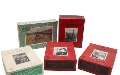FOUR VINTAGE BOXED COME TO BRITAIN JIGSAWS, AND A VICTORY JIGSAW PUZZLE.