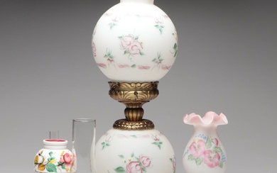 Fenton Hand-Painted Floral Motifs on Opal Satin Glass Electric and Oil Lamps