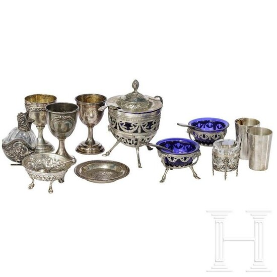 Five German silver spice bowls, three eggcups and two