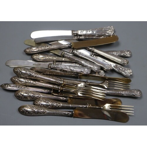 Five pairs of Persian white metal handles fruit knives & for...