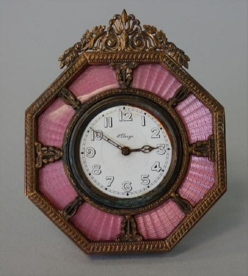 French Art Deco Guilloche Enamel Clock, Swiss Made