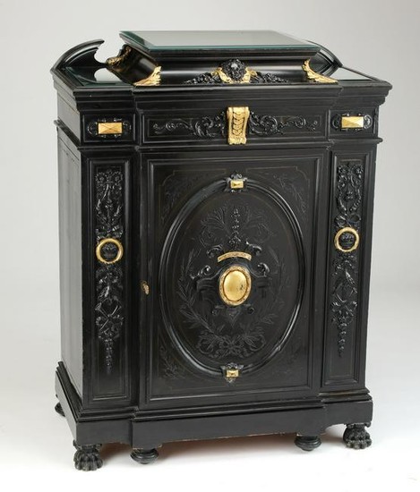 French Empire style carved & ebonized cabinet, 50"h