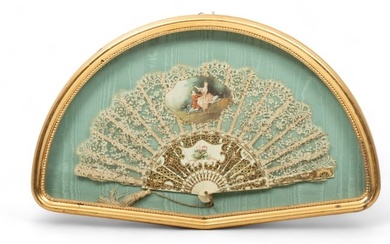 French Lace And Hand Painted Lady's Fan in Custom Frame Ca. 19th.c., H 10" W 19"