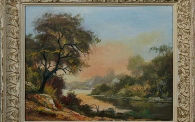 French School, "Hilly River Landscape," early 20th c.