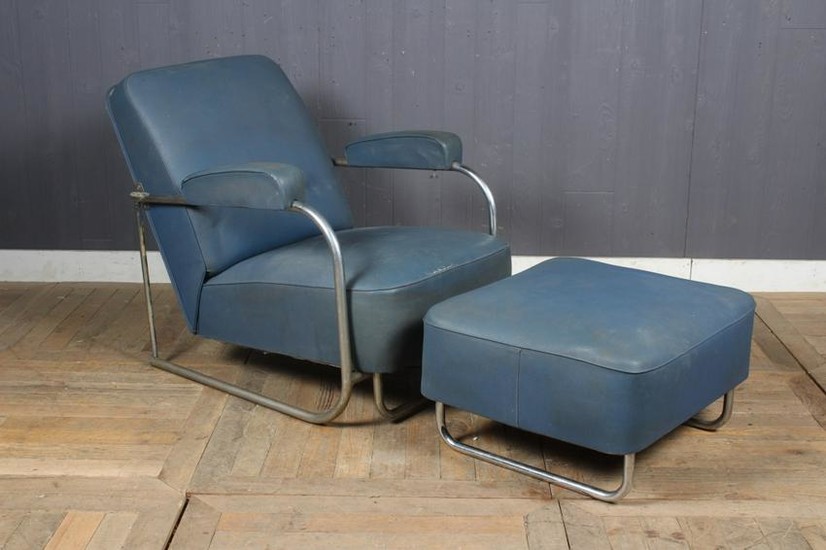 French Tubular Steel Recliner and Ottoman
