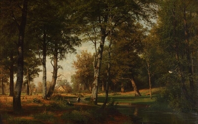 SOLD. Fritz Ebel: A forest landscape with children fishing from a river bank. Signed and...