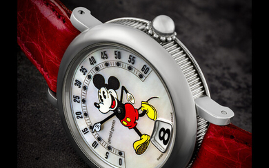 GERALD GENTA. A STAINLESS STEEL AUTOMATIC JUMP HOUR WRISTWATCH WITH RETROGRADE MINUTES AND MOTHER-OF-PEARL DIAL MICKEY MOUSE RETRO FANTASY MODEL