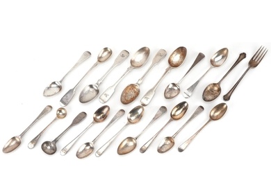 Georgian and later silver spoons and a silver fork, the larg...