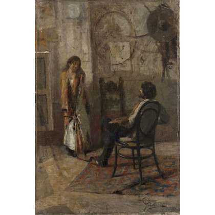 Giovanni Battista Todeschini ( Lecco 1857 - Milano 1938 ) , "Il pittore e la modella" olio su tela (cm 76x51,5) Firmato in basso a destra In cornice
