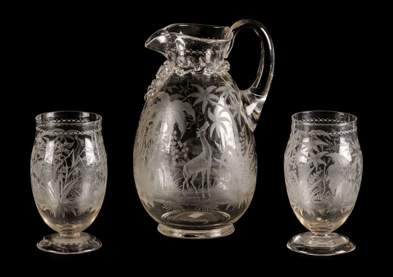 Glassware. A fine Victorian glass jug and two tumblers