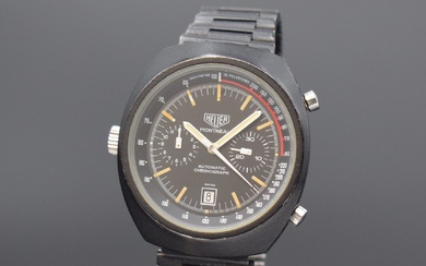 HEUER Montreal rare chronographe-bracelet, Suisse vers 1972, automatique, boîte en acier noirci sans no. incl....