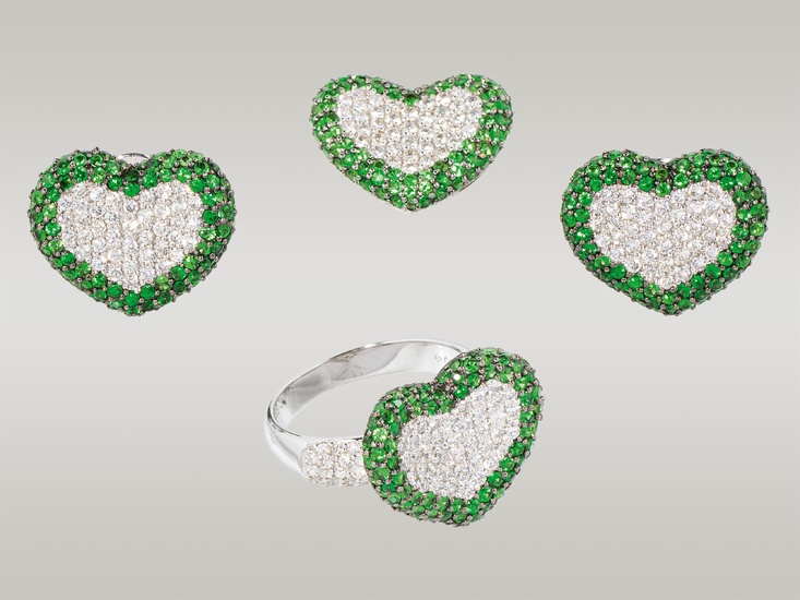 Heart-shaped ring, earrings and pendant with diamonds and tsavorites 2nd...