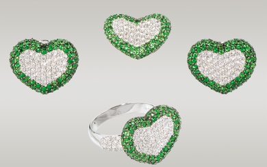 Heart-shaped ring, earrings and pendant with diamonds and tsavorites