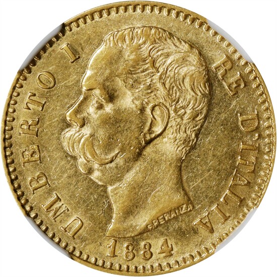 ITALY. 20 Lire, 1884-R. Rome Mint. Umberto I. NGC AU-58.