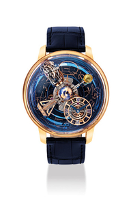 JACOB & CO. A VERY FINE, EXTREMELY RARE AND IMPRESSIVE 18K PINK GOLD AND ORANGE SAPPHIRE-SET LIMITED EDITION GRAVITATIONAL TRIPLE AXIS TOURBILLON WRISTWATCH WITH SKY INDICATOR OF THE CELESTIAL PANORAMA, MONTH, DAY/NIGHT INDICATOR AND ORBITAL SECOND...