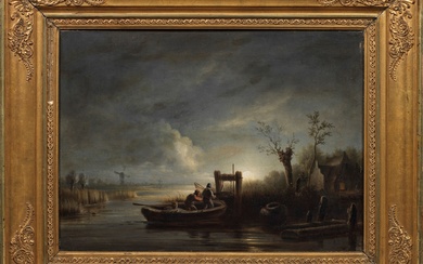 Jacobus Sörensen (1812 Amsterdam - 1857 ibidem) Pêcheur au clair de lune Paysage nocturne au...