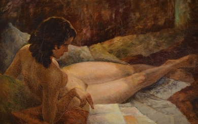 Julius Wolf, 1909 Rottweil-1996 Kempten, lyingreading nude, oil...