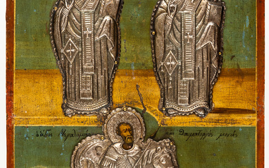 LARGE GREEK ICON SHOWING ST. ELEUTHERIUS, ST. NICHOLAS AND ST....