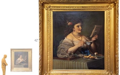Large Signed 19th C. Oil On Canvas 'A Woman Drinking Tea And Reading'