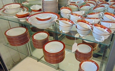 Large set of Noritake "Goldhill" porcelain dinnerware, white porcelain with a red & gilt decorated