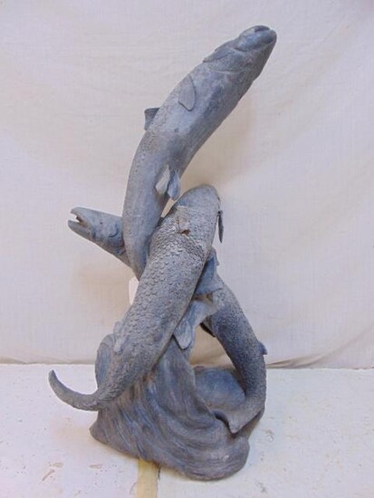 Lead figural fish fountain, 3 fish, base is bend, needs