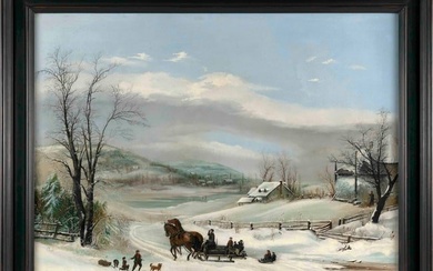 M.L. CASS (America, 19th Century), Sleigh ride through a rural landscape., Oil on canvas, 26" x 36".