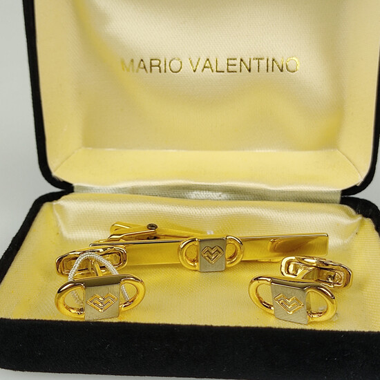 Mario Valentino tie pin and matching cufflinks, gold and silver