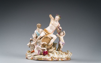 Meissen, Bacchanale, Groupe en porcelaine polychrome représentant Bacchus assis sur un tonneau entouré de putti...