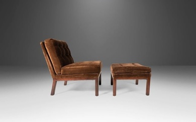 Mid Century Modern Lounge Chair and Ottoman in Brown Felt Upholstery Attributed to Harvey Probber