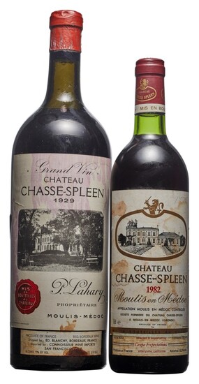 Mixed Château Chasse-Spleen, Château Chasse-Spleen 1929 Corroded capsule, slightly bin-soiled and tissue-stained label Level top shoulder magnum (1) 1982 Stained capsule, bin-soiled, stained, and pen-marked label Level base of neck (1)