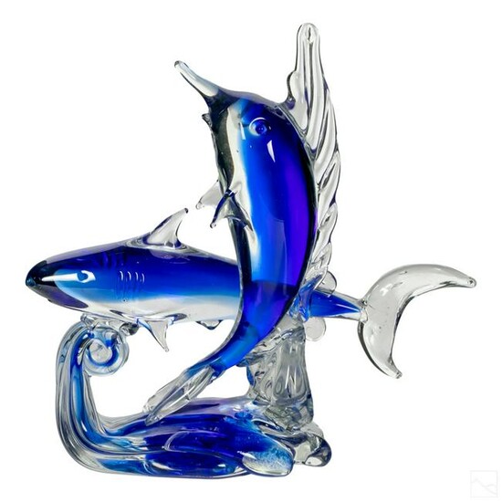 Murano Style Art Glass Sailfish & Shark Sculpture