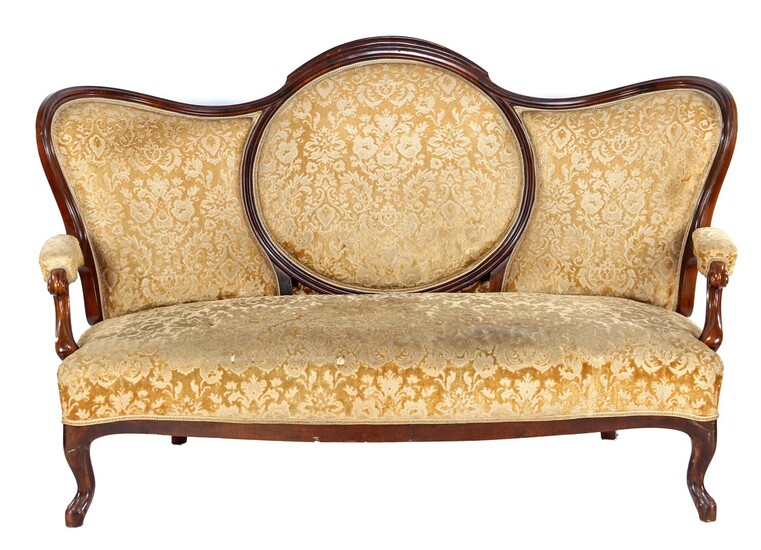 (-), Walnut Biedermeier 3-seater sofa with patterned brown...